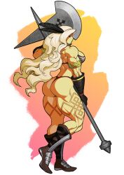 1girl amazon_(dragon&#039;s_crown) armlet armor ass axe bikini_armor blonde_hair boots dragon&#039;s_crown feather_hair_ornament feathers frown gloves hair_ornament jewelry long_hair looking_back muscular muscular_arms muscular_back muscular_female muscular_legs pokkuti solo