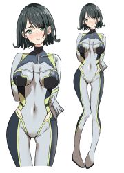 1girl bien_(djpwjd1) black_hair blunt_bangs bob_cut bodysuit breasts breasts_apart commentary_request cosplay covered_collarbone covered_navel cropped_legs flipped_hair full_body green_eyes grey_bodysuit highres hip_vent large_breasts link!_like!_love_live! love_live! momose_ginko multiple_views official_alternate_costume short_hair standing virtual_youtuber zoom_layer
