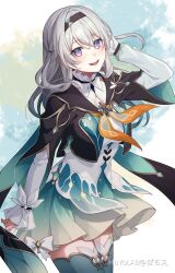 1girl absurdres blush breasts brown_hairband brown_jacket dress firefly_(honkai:_star_rail) gradient_hair grey_hair hair_between_eyes hairband highres honkai:_star_rail honkai_(series) jacket long_hair long_sleeves looking_at_viewer multicolored_eyes multicolored_hair open_mouth pink_eyes pochimaru_(marumaru_wanwan) simple_background smile solo thighhighs two-tone_eyes white_dress white_sleeves