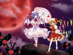 2girls bad_id bad_pixiv_id cloud cross dress female_focus flandre_scarlet flower frills full_moon grave hat maria_(m-twi) moon multiple_girls parasol petals red_moon remilia_scarlet rose siblings sisters touhou umbrella wings