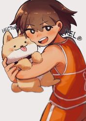1boy alternate_eye_color animal black_eyes blush bright_pupils brown_hair character_name dark-skinned_male dark_skin dog hector_(omori) highres holding holding_animal holding_dog kel_(faraway)_(omori) kel_(omori) looking_at_viewer male_focus omori open_mouth orange_shorts pasuta928008 short_hair shorts smile solo teeth upper_teeth_only white_pupils