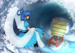 Rule 34 | 1girl, absurdres, barrel wave, blue dress, blue eyes, blue hair, boat, chisel, closed mouth, commentary request, dress, full body, hagoromo, hair rings, highres, kaku seiga, looking at viewer, looking to the side, ocean, outdoors, ritsuzou, sail, shawl, short hair, smile, solo, touhou, vest, water, watercraft, waves, white vest