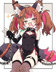 Rule 34 | 1girl, :3, animal ear fluff, animal ears, asami-chan, bare shoulders, black collar, black dress, black gloves, black thighhighs, breasts, brown hair, chain, china dress, chinese clothes, collar, commentary, commission, dress, elbow gloves, extra ears, fangs, fingerless gloves, fishnet thighhighs, fishnets, fox ears, fox girl, fox tail, gloves, green eyes, heart, heart o-ring, heterochromia, highres, indie virtual youtuber, looking at viewer, multicolored hair, navel, nyudachi, o-ring, o-ring thigh strap, open mouth, pelvic curtain, pink eyes, pink hair, small breasts, solo, sparkle, spiked collar, spikes, streaked hair, tail, thigh strap, thighhighs, twintails, v, vgen commission