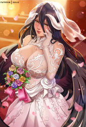 1girl albedo_(overlord) black_hair black_wings blush bouquet breasts bridal_veil bride cleavage demon_girl demon_horns dress exlic feathered_wings flower gloves hair_between_eyes hand_on_own_face highres holding holding_bouquet horns indoors large_breasts lips long_hair looking_at_viewer low_wings overlord_(maruyama) parted_lips slit_pupils smile solo veil wedding_dress white_dress white_gloves wings yellow_eyes