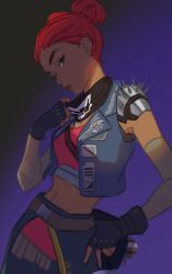 1girl 2gou alternate_costume apex_legends bad_to_the_bone_lifeline bandana belt black_gloves blue_background brown_belt crop_top cropped_jacket denim denim_jacket double_bun fingerless_gloves gloves hair_behind_ear hair_bun highres jacket lifeline_(apex_legends) looking_to_the_side navel red_hair shaded_face solo spikes v