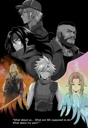 1girl 5boys aerith_gainsborough ahleckss aqua_eyes armor bangle bare_shoulders barret_wallace baseball_cap beard black_coat black_hair black_shirt bracelet chest_strap cloak cloud_strife coat dark-skinned_male dark_skin english_text facial_hair final_fantasy final_fantasy_vii final_fantasy_vii_rebirth final_fantasy_vii_remake fire green_eyes grey_hair hair_between_eyes hair_ribbon hat headband highres holding holding_sword holding_weapon jewelry leslie_kyle long_coat long_hair masamune_(ff7) multiple_boys own_hands_together parted_bangs pauldrons praying red_eyes ribbon sephiroth shirt short_hair short_sleeves shoulder_armor sidelocks sleeveless sleeveless_turtleneck spiked_hair suspenders sword turtleneck upper_body very_short_hair vest vincent_valentine water_tower weapon