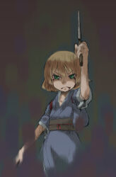 Rule 34 | 1girl, alternate costume, black sash, blonde hair, blood, blood from mouth, bloodshot eyes, closed mouth, commentary request, cowboy shot, dagger, frown, green eyes, grey background, grey kimono, holding, holding dagger, holding knife, holding weapon, japanese clothes, kazuiyun, kimono, knife, looking at viewer, mizuhashi parsee, obi, sash, short hair, short sleeves, solo, touhou, v-shaped eyebrows, weapon