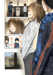 2boys absurdres araido_kagiri bird black_hair blue_eyes building child&#039;s_drawing closed_eyes comic eyes_visible_through_hair fish floral_background hair_between_eyes highres hood hooded_jacket jacket jumping long_sleeves male_focus medium_hair mr.monster_(araido_kagiri) multiple_boys necktie original poop public_restroom silent_comic smile spiral star_(symbol) star_print striped_clothes striped_jacket track_jacket trap tree urinal urinal_use window