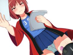 Rule 34 | 1girl, breasts, clymenia, coat, egg vibrator, miniskirt, non-web source, open clothes, open coat, original, panties, red coat, red hair, sex toy, short hair, skirt, small breasts, standing, underwear, vibrator, white background