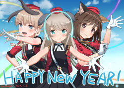 Rule 34 | 3girls, animal ears, aviation magic band, bird ears, bird girl, black hair, black skirt, blue eyes, blue sky, blush, brown eyes, brown hair, cat girl, cat tail, cloud, cloudy sky, dog ears, dog girl, garrison cap, gloves, happy new year, hat, long hair, luminous witches, lyudmila andreyevna ruslanova, multiple girls, naruchisukisuki, new year, open mouth, shibuya inori, skirt, sky, smile, tail, virginia robertson, white gloves, world witches series