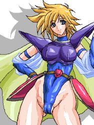 Rule 34 | 1girl, armor, belt, blonde hair, breasts, cameltoe, cape, faye, female focus, final fantasy, final fantasy mystic quest, green eyes, hand on own hip, hip focus, leotard, lowres, short hair, shoulder pads, solo, square enix, wajurimosugaba