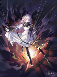 1girl a_bai_guai absurdres arknights black_horns black_pantyhose black_sleeves bright_pupils chinese_commentary cleavage_cutout closed_mouth clothing_cutout commentary crossed_bangs dress feet floating full_body grey_hair hair_between_eyes highres horns jewelry layered_sleeves long_hair long_sleeves looking_at_viewer magic no_shoes pantyhose pink_eyes pink_hair ring short_over_long_sleeves short_sleeves skirt_hold solo theresa_(arknights) thread toe_ring toeless_footwear toes torn_clothes torn_sleeves white_dress white_pupils