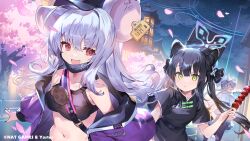 3girls animal_ears artist_request black_hair blue_archive breasts casual china_dress chinese_clothes collarbone commentary_request dress fang food green_eyes grey_hair hair_between_eyes halo highres jacket kirino_(blue_archive) looking_at_viewer medium_breasts midriff mouse_ears mouse_tail multiple_girls night official_alternate_costume official_art open_mouth petals red_eyes saya_(blue_archive) saya_(casual)_(blue_archive) shanzha_(fruit) shorts shun_(blue_archive) shun_(small)_(blue_archive) tail tanghulu tree