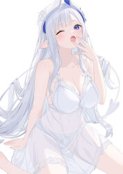 1girl ;o absurdres bare_arms bare_shoulders blue_eyes breasts cleavage collarbone covered_navel dress hand_up hashiko_nowoto headgear highres large_breasts long_hair looking_at_viewer one_eye_closed open_mouth original pointy_ears see-through_clothes see-through_dress simple_background sitting sleeveless sleeveless_dress solo very_long_hair white_background white_dress white_hair