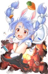 1girl animal_ear_fluff animal_ears blue_hair blush braid breasts carrot_hair_ornament coat creature don-chan_(usada_pekora) explosion explosive food-themed_hair_ornament gloves hair_ornament highres hololive hololive_fantasy leotard long_hair looking_at_viewer minecraft minecraft_pickaxe minecraft_sword multicolored_hair open_mouth pickaxe playboy_bunny rabbit rabbit_ears rabbit_girl riroi scarf solo sword thick_eyebrows tnt tnt_block_(minecraft) twin_braids two-tone_hair usada_pekora usada_pekora_(1st_costume) virtual_youtuber white_coat white_hair