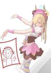 1boy 1girl absurdres alternate_costume alternate_hairstyle animal_ear_fluff animal_ears blonde_hair blue_archive blush brown_corset clenched_teeth closed_eyes corset diksiuw dog_ears dog_girl doodle_sensei_(blue_archive) double_gyaru_v double_v gyaru_v hair_over_one_eye hat highres kanna_(blue_archive) long_hair multicolored_thighhighs pink_hat pink_skirt sensei_(blue_archive) sharp_teeth shirt short_sleeves sidelocks skirt striped_clothes striped_thighhighs teeth thighhighs twintails v white_shirt white_thighhighs wrist_cuffs