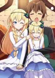 1boy 2girls :t ;) adversarial_noise blonde_hair blue_eyes blue_skirt blush braid breasts brick_wall brown_hair cheek_poking closed_eyes closed_mouth collarbone commentary_request dress father_and_daughter frilled_skirt frills green_jacket green_pants hair_between_eyes highres if_they_mated iris_(konosuba) jacket kono_subarashii_sekai_ni_shukufuku_wo! long_hair mother_and_daughter multiple_girls nenosame one_eye_closed open_mouth pants pantyhose poking satou_kazuma single_braid sitting sitting_on_lap sitting_on_person skirt small_breasts smile track_jacket track_pants track_suit very_long_hair wavy_mouth white_dress white_pantyhose
