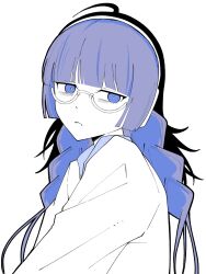 Rule 34 | 1girl, ado (utaite), ahoge, blue eyes, blue hair, braid, commentary request, glasses, highres, kokoro to iu na no fukakai, long hair, looking at viewer, nori (norinori yrl), open mouth, semi-rimless eyewear, shirt, simple background, solo, twin braids, under-rim eyewear, upper body, white background, white shirt