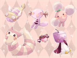 &gt;_&lt; :d :o alternate_color animal_focus argyle_background argyle_clothes bird blue_skin brown_fur colored_skin commentary_request creatures_(company) cup dunsparce eiscue furret game_freak gen_2_pokemon gen_8_pokemon hanabusaoekaki ice jumpluff nintendo no_humans open_mouth penguin pink_background pokemon pokemon_(creature) shiny_pokemon sinistea sitting smile solid_oval_eyes tail teacup two-tone_fur white_fur wooper xd