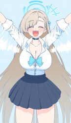 1girl :d ^_^ absurdres asuna_(blue_archive) black_choker black_skirt blue_archive blue_background blue_bow blue_bowtie blue_halo blue_ribbon blush bow bowtie breasts brown_hair button_gap choker cleavage closed_eyes commentary_request fang hair_ribbon halo highres large_breasts long_hair looking_at_viewer motion_lines open_mouth parangmuru pleated_skirt ribbon shirt simple_background skirt smile solo standing thighs very_long_hair white_shirt