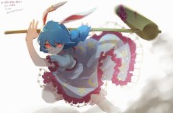 1girl animal_ears artist_name bloomers blue_hair blue_shirt blue_skirt bright_pupils commentary_request crescent_print earclip feet_out_of_frame frilled_skirt frilled_sleeves frills glowing glowing_eyes grin highres holding kine long_hair looking_at_viewer mallet medium_hair one-hour_drawing_challenge rabbit_ears rabbit_girl red_eyes running seiran_(touhou) shirt short_sleeves short_twintails skirt slit_pupils smile solo star_(symbol) star_print touhou twintails underwear white_pupils yodosaki_nitsu