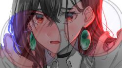 Rule 34 | 1boy, 1girl, ayase momo, black choker, blush, brown eyes, brown hair, choker, collared shirt, commentary request, dandadan, earrings, floating earrings, glasses, hair between eyes, hands on another&#039;s shoulders, highres, jewelry, looking at viewer, medium hair, nndm ak, open mouth, portrait, pov, pov hands, shirt, sweatdrop, takakura ken (dandadan), upper body