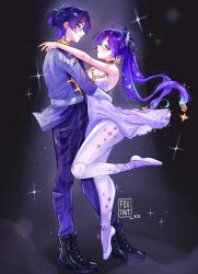 Rule 34 | 1boy, 1girl, alternate costume, aqua eyes, arm on another&#039;s shoulder, ballerina, ballet, ballet slippers, black boots, black bow, black choker, blunt ends, blush, boots, bow, choker, covered navel, dancing, diffraction spikes, doll joints, dress, earrings, epaulettes, eyeliner, eyeshadow, feathers, foot up, formal clothes, foxtrot (foxtrot xx), genshin impact, gloves, gold, hair bow, half-closed eyes, hand on another&#039;s back, height difference, highres, jacket, jewelry, joints, lace-up boots, long hair, long sleeves, looking at another, makeup, mona (genshin impact), open hand, pants, parted lips, ponytail holder, purple dress, purple hair, purple jacket, purple pants, purple sleeves, red eyeliner, red eyeshadow, red nails, scaramouche (genshin impact), skindentation, smile, spotlight, star (symbol), star choker, star earrings, star print, strapless, strapless dress, tsurime, white feathers, white gloves
