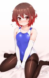 1girl between_legs blush brown_eyes brown_hair competition_swimsuit elbow_gloves embarrassed gloves highres kantai_collection looking_at_viewer mutsuki_(kancolle) one-piece_swimsuit pantyhose pantyhose_under_swimsuit red_hair short_hair sitting solo swimsuit zanne