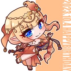 1girl absurdres ass bad_anatomy bare_shoulders blonde_hair blue_eyes blue_shoes blush breasts brown_background chibi closed_mouth commentary_request dancer dated full_body happy_birthday headpiece highres long_hair long_sleeves looking_at_viewer looking_to_the_side outline pointy_ears princess_connect! puffy_long_sleeves puffy_sleeves saishosaisekojo saren_(princess_connect!) saren_(sarasaria)_(princess_connect!) see-through_clothes see-through_sleeves shoes small_breasts smile solo standing standing_on_one_leg two-tone_background very_long_hair white_background white_outline
