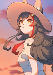 1girl animal_ear_fluff animal_ears closed_mouth cloud commentary_request ears_through_headwear from_below from_side hat highres hololive long_hair long_sidelocks looking_afar mia960 multicolored_hair ookami_mio orange_sky outdoors shirt short_sleeves sidelocks signature sky solo streaked_hair sun_hat sunset t-shirt virtual_youtuber white_shirt wolf_ears wolf_girl yellow_eyes