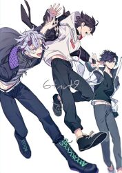 3boys 6tnut9 :d aqua_hair artist_name belt belt_buckle black_boots black_collar black_jacket black_pants black_shoes boots brown_hair buckle closed_mouth collar commentary_request crossed_bangs drawstring fuwa_minato fuwa_minato_(1st_costume) gradient_hair grey_eyes grey_hair grey_pants grey_shirt hair_between_eyes hand_up hood hood_down hoodie jacket jacket_over_hoodie jewelry lace-up_boots long_sleeves looking_at_another looking_to_the_side lower_teeth_only majors_(nijisanji) male_focus mayuzumi_kai mayuzumi_kai_(1st_costume) multicolored_hair multicolored_jacket multiple_boys necklace nijisanji off_shoulder open_clothes open_jacket open_mouth pants pink_hair purple_eyes purple_hair saegusa_akina saegusa_akina_(1st_costume) shirt shoes short_hair simple_background sleeves_past_wrists smile streaked_hair teeth two-tone_jacket upper_teeth_only virtual_youtuber white_background white_belt white_hoodie white_jacket white_shirt