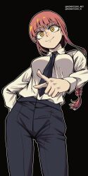 1girl black_background black_necktie black_pants braid braided_ponytail breasts chainsaw_man closed_mouth collared_shirt commentary cowboy_shot dress_shirt hand_on_own_hip highres index_finger_raised komatsuki_n large_breasts long_hair long_sleeves makima_(chainsaw_man) necktie orange_eyes outline pants red_hair ringed_eyes shirt shirt_tucked_in simple_background smile solo standing twitter_username white_outline