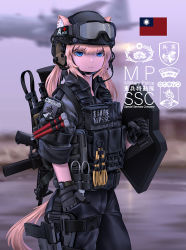 1girl animal_ear_fluff animal_ears ballistic_shield black_gloves black_headwear black_jacket blue_eyes blurry blurry_background brown_hair brown_tail bulletproof_vest chestnut_mouth chin_strap chinese_commentary chinese_text colt_9mm_smg commentary_request cowboy_shot ears_through_headwear fang_zhenjun from_side gloves gun gun_on_back h&amp;k_usp handgun headphones holster holstered jacket light_brown_hair looking_at_viewer microphone military original parted_lips photo_background pistol republic_of_china_flag riot_shield shield sleeves_rolled_up soldier solo submachine_gun tactical_clothes tail taiwan thigh_holster translation_request weapon weapon_on_back weapon_request