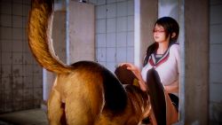 1girl 3d artist_request bestiality black_hair censored cunnilingus dog highres oral penis public_restroom school_uniform serafuku tagme