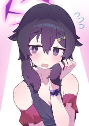 Rule 34 | 1girl, absurdres, alternate costume, bare shoulders, black dress, blue archive, blush, breasts, cleavage, collarbone, commentary, double-parted bangs, dress, embarrassed, flying sweatdrops, formal clothes, frilled arm strap, furrowed brow, hair between eyes, hair ornament, hairclip, halo, hand up, haruka (blue archive), highres, holding, holding own hair, lcz, looking to the side, medium hair, official alternate costume, open mouth, purple eyes, purple hair, purple halo, purple pupils, purple wrist cuffs, rabbit hair ornament, simple background, sleeveless, sleeveless dress, solo, symbol-only commentary, upper body, wavy mouth, white background, wrist cuffs