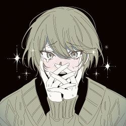 1boy bishounen black_background blonde_hair blush cardigan commentary eyelashes full-face_blush hair_between_eyes hands_on_own_face heart heart-shaped_pupils krmywk kuchiba_naruomi long_sleeves looking_at_viewer nie_no_machi open_mouth portrait short_hair sparkle sweat swept_bangs symbol-shaped_pupils teardrop