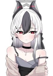 1girl black_choker black_dress black_hair black_horns blue_archive blush brown_jacket choker closed_mouth collarbone commentary_request demon_horns dress ear_piercing hair_between_eyes halo holding_own_arm horns jacket kayoko_(blue_archive) kayoko_(dress)_(blue_archive) long_hair long_sleeves looking_at_viewer mole mole_on_neck multicolored_hair official_alternate_costume official_alternate_hairstyle piercing pueichigo red_eyes simple_background sleeves_past_wrists solo two-tone_hair white_background white_hair