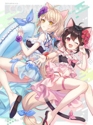 2girls ;d animal_ears black_hair black_panties blonde_hair blue_nails blue_ribbon blush bow cat_ears cat_girl cat_tail commission fang flower hair_flower hair_ornament hibiscus highres iku2727 innertube long_hair midriff miniskirt multiple_girls nail_polish navel one_eye_closed open_mouth original outstretched_arm outstretched_hand panties pantyshot parted_lips pink_bow pink_nails pixiv_commission purple_flower red_eyes red_flower red_ribbon ribbon skirt slit_pupils smile stomach swim_ring tail tail_bow tail_ornament thigh_strap twitter_username underwear wrist_flower yellow_eyes