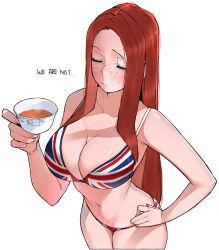 1girl bare_arms bikini breasts brown_hair cleavage closed_eyes closed_mouth collarbone commentary cowboy_shot cup english_text flag_print flag_print_bikini forehead freckles hand_on_own_hip hand_up highres holding holding_cup large_breasts legs long_hair navel ohasi original parted_bangs print_bikini sidelocks simple_background solo swimsuit symbol-only_commentary tea teacup thighs union_jack_bikini united_kingdom_(ohasi) white_background
