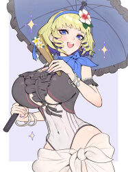1girl :d black_one-piece_swimsuit blonde_hair blue_eyes blue_hair blue_nails blush breasts cleavage colored_inner_hair constance_von_nuvelle constance_von_nuvelle_(summer) covered_navel drill_hair fire_emblem fire_emblem:_three_houses fire_emblem_heroes flower folding_fan gonzarez hair_flower hair_ornament hairband hand_fan highres holding holding_fan holding_umbrella huge_breasts jewelry multicolored_hair nail_polish navel nintendo official_alternate_costume one-piece_swimsuit open_mouth parasol sarong short_hair sidelocks simple_background smile solo swimsuit teeth thighs umbrella underboob white_one-piece_swimsuit white_sarong wide_hips