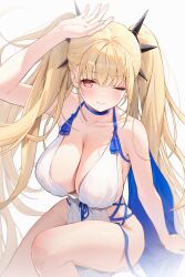 1girl absurdres arm_support arm_up armpits artist_request axe_ftga8758 azur_lane bare_shoulders blonde_hair blue_choker blue_ribbon blush breasts check_artist choker cleavage collarbone commentary dress formidable_(anniversary_memories)_(azur_lane) formidable_(azur_lane) halter_dress halterneck highres large_breasts long_hair official_alternate_costume one_eye_closed red_eyes ribbon side_slit simple_background sitting sleeveless sleeveless_dress spiked_hair_ornament thighs twintails two-sided_dress two-sided_fabric very_long_hair white_background white_dress