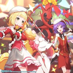 1boy 1girl :d alternate_color blonde_hair blush boots bugsy_(holiday_2024)_(pokemon) bugsy_(pokemon) christmas closed_eyes closed_mouth commentary_request copyright_notice dress flute frills gen_4_pokemon gen_7_pokemon green_eyes happy hat highres holding holding_instrument instrument jacket kricketune lillie_(holiday_2024)_(pokemon) lillie_(pokemon) long_hair looking_at_viewer necktie nintendo official_alternate_costume official_art open_mouth pokemon pokemon_(creature) pokemon_masters_ex primarina purple_eyes purple_hair recorder ribbon shiny_pokemon shirt short_hair shorts skirt smile