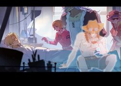 2girls 3boys arm_tattoo belo_betty black_shorts blonde_hair bob_cut brothers closed_eyes commentary english_commentary facial_hair gloves hack_(one_piece) hat highres jacket jewelry koala_(one_piece) letterboxed long_hair lying multiple_boys multiple_girls mustache necklace necktie on_back one_piece onecata11 orange_hat pearl_necklace portgas_d._ace red_jacket red_necktie sabo_(one_piece) short_hair shorts siblings smile spirit sunglasses sweatdrop tattoo tears topless_male