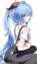 1girl absurdres alternate_costume black_pants blue_hair casual cellphone from_behind ganyu_(genshin_impact) genshin_impact goat_horns highres horns imasaki_kei long_hair looking_at_viewer looking_back midriff open_mouth pants phone shirt simple_background single_bare_shoulder sitting smartphone smile solo twitter_username white_background white_shirt