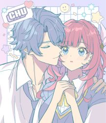 1boy 1girl alternate_costume blue_eyes blue_sweater blush collared_shirt commentary_request cyrene_(honkai:_star_rail) echo_of_cyu emoji grey_hair hand_on_another&#039;s_shoulder heart hetero honkai:_star_rail honkai_(series) imminent_kiss medium_hair neckerchief phainon_(honkai:_star_rail) pink_hair shirt short_hair star_(symbol) star_in_eye sweater symbol_in_eye upper_body white_shirt yellow_neckerchief