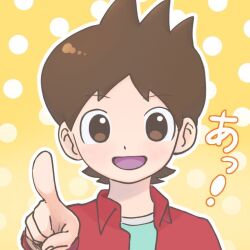 1boy amano_keita brown_eyes brown_hair collared_jacket jacket looking_at_viewer matukita_618 open_clothes open_jacket open_mouth pointing polka_dot polka_dot_background portrait red_jacket short_hair solo two-tone_background white_background yellow_background youkai_(youkai_watch) youkai_watch