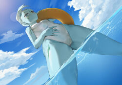 1boy 2020 ass astral_(yu-gi-oh!) blue_eyes blue_skin blush body_markings bodypaint colored_skin floaty from_below gluteal_fold heterochromia highres kurage444 looking_at_viewer looking_down male_focus no_visible_genitalia one-piece_swimsuit puffy_chest solo swimsuit tagme trap water wet yellow_eyes yu-gi-oh! yu-gi-oh!_zexal