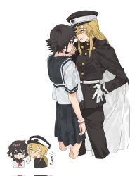 ... 2girls black_cape black_coat black_hair black_hat black_skirt blonde_hair blue_eyes blush bracelet cape chibi coat gloves grin hand_on_own_hip hat heart-shift_bracelets highres jewelry jiguang_haibao koishikawa_iko long_hair long_sleeves momijiyama_teru multiple_girls neckerchief open_mouth pleated_skirt red_neckerchief scar scar_across_eyebrow scar_on_face semi-rimless_eyewear shirt short_hair short_sleeves shy_(series) skirt smile teeth translation_request white_cape white_gloves white_shirt white_stripes yellow_eyes yuri