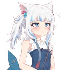 1girl absurdres ameneko_kuro animal_ear_fluff animal_ears annoyed blue_dress blue_eyes blue_hair blunt_bangs blush cat_ears closed_mouth cube_hair_ornament dress fins fish_tail flying_sweatdrops gawr_gura gawr_gura_(casual) hair_ornament highres hololive hololive_english looking_ahead medium_hair multicolored_hair ponytail shark_tail shirt short_sleeves sidelocks simple_background solo streaked_hair suspenders tail upper_body virtual_youtuber wavy_mouth white_background white_hair white_shirt