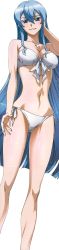 10s 1girl absurdres akame_ga_kill! arm_at_side arm_behind_head bandeau bikini blue_eyes blue_hair blush breasts chest_tattoo cleavage colored_eyelashes crease esdeath facing_viewer female_focus fingernails front-tie_bikini_top front-tie_top full_body grin hand_up highres hip_focus legs long_fingernails long_hair long_image looking_at_viewer medium_breasts nakamura_kazuhisa narrow_waist navel official_art scan side-tie_bikini_bottom sideboob sidelocks simple_background smile solo standing stick_poster straight_hair strapless strapless_bikini swimsuit tall_image tattoo third-party_edit third-party_extraction transparent_background very_long_hair wet white_background white_bikini